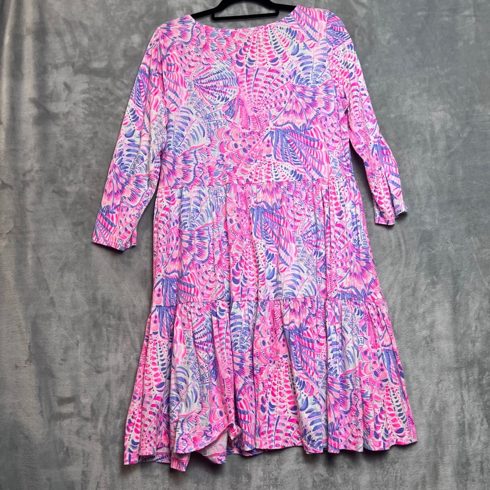 Lilly Pulitzer Pink Purple Shell Print Tiered Cotton Midi Dress Large 3/4 Sleeve - Picture 4 of 10